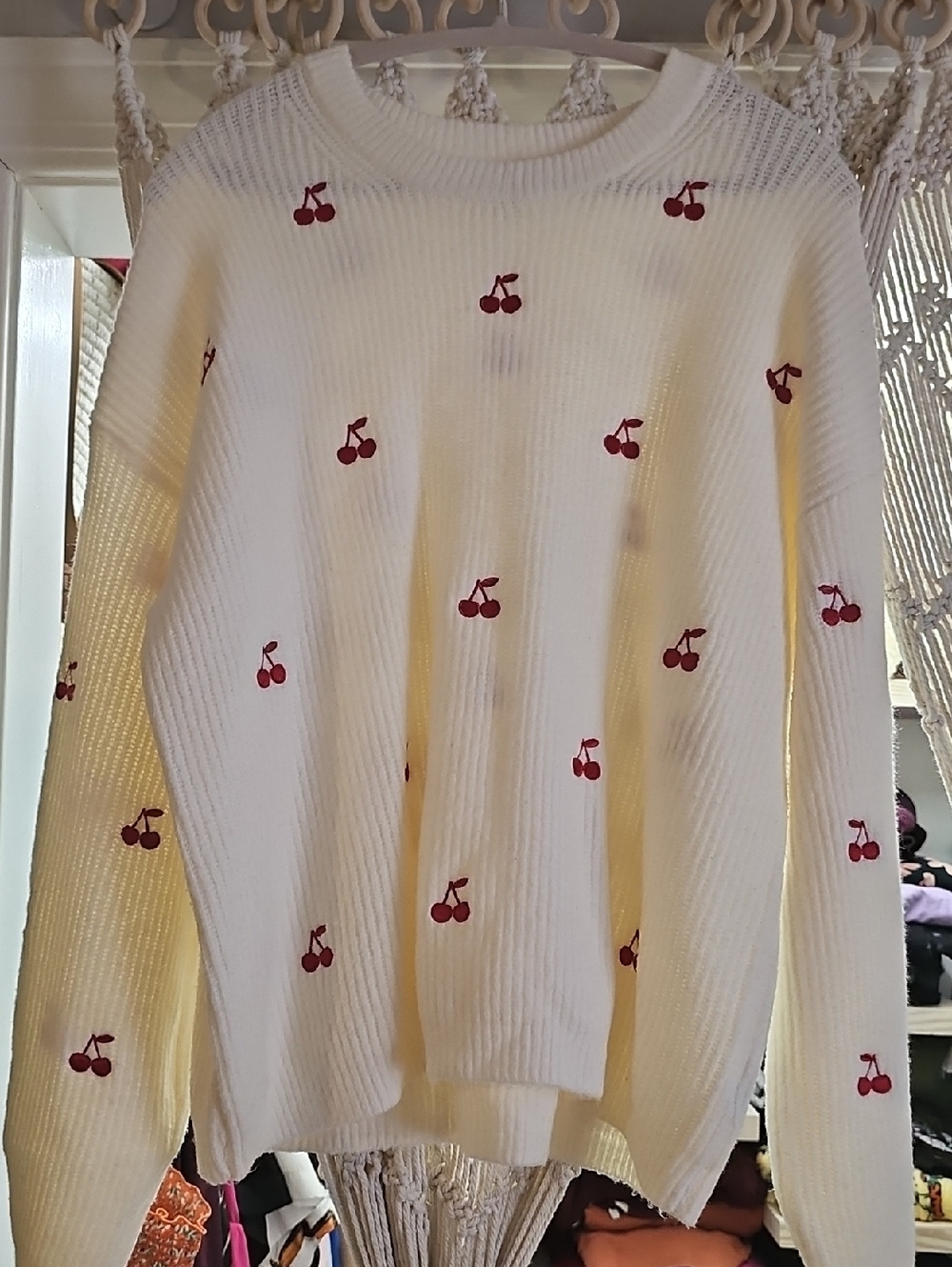 a new day Cream Crewneck Sweater with Red Cherry Embroidery